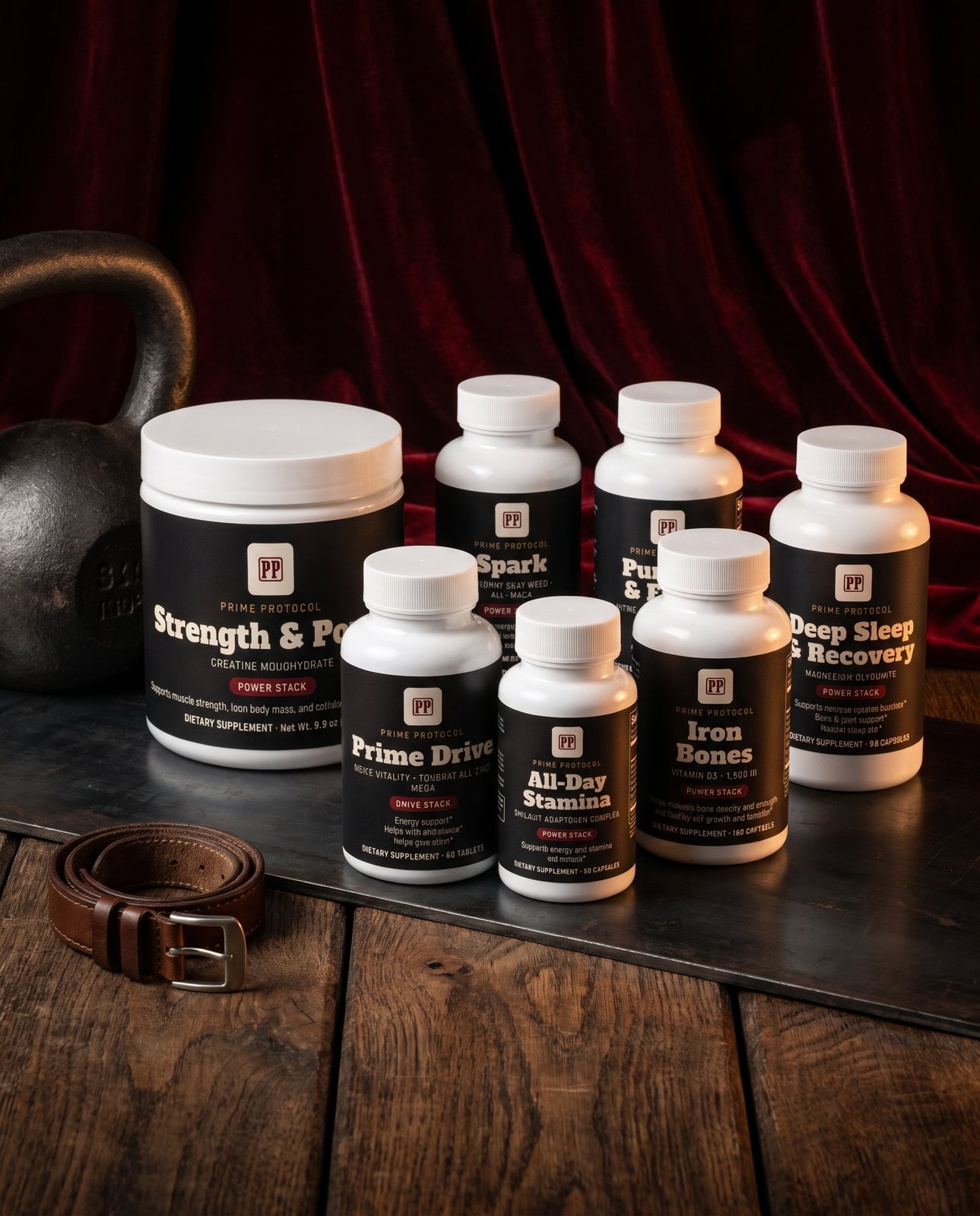 The full Prime Protocol: all seven products from the Drive Stack and Power Stack beside a kettlebell